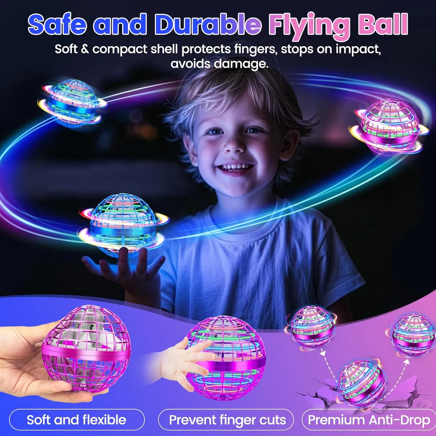 Flying Orb Ball Toy, Hand Controlled Hover Ball with LED Lights, 360° Rotating Boomerang Globe, Mini Drone Spinner for Kids, Ideal Birthday & Festival Gift for Boys Girls, 2 Pack - Blue&Purple