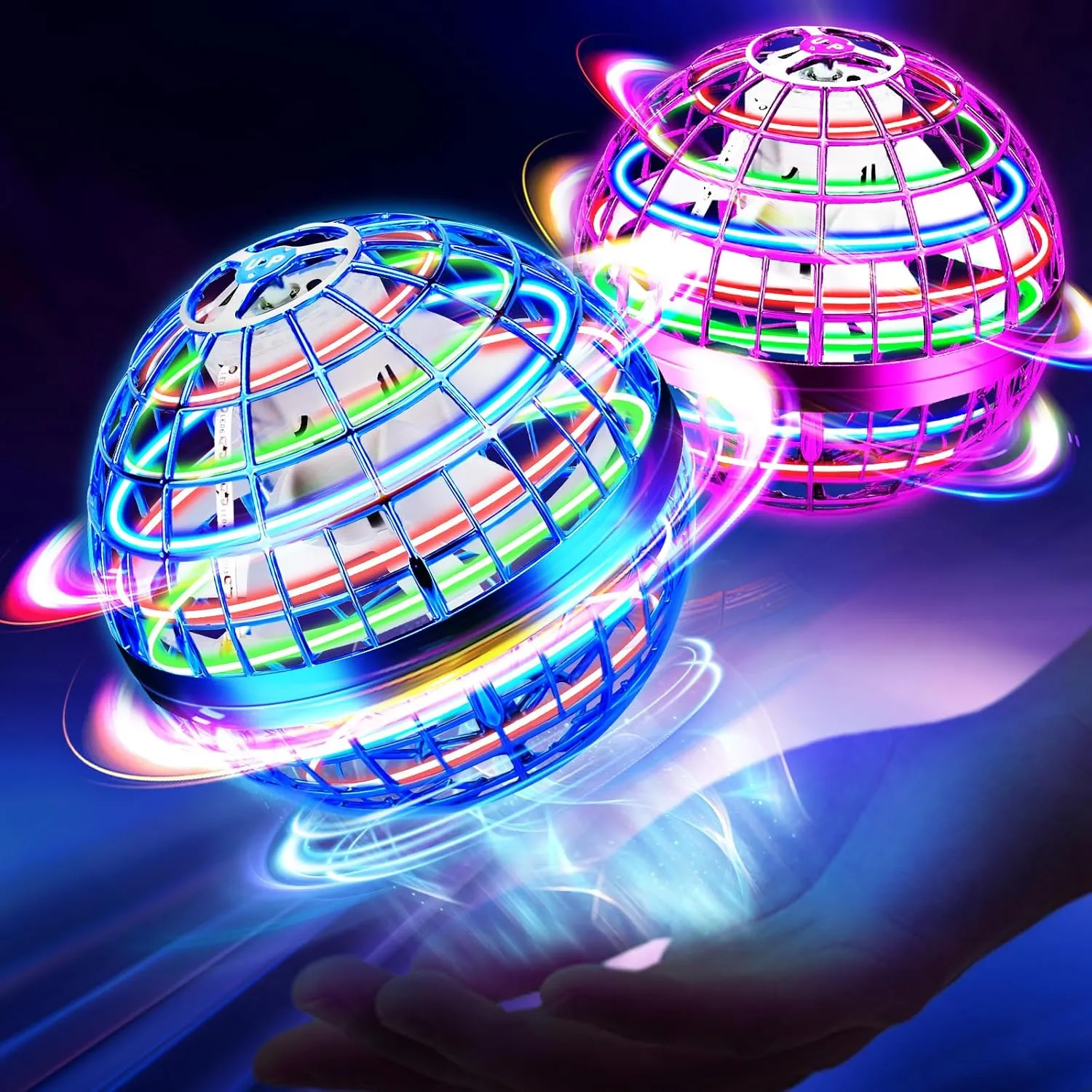 Flying Orb Ball Toy, Hand Controlled Hover Ball with LED Lights, 360° Rotating Boomerang Globe, Mini Drone Spinner for Kids, Ideal Birthday & Festival Gift for Boys Girls, 2 Pack - Blue&Purple