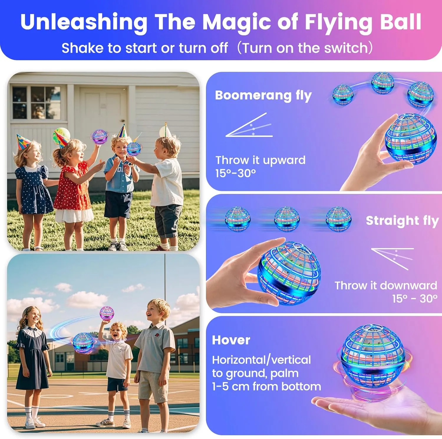 Flying Orb Ball Toy, Hand Controlled Hover Ball with LED Lights, 360° Rotating Boomerang Globe, Mini Drone Spinner for Kids, Ideal Birthday & Festival Gift for Boys Girls, 2 Pack - Blue&Purple
