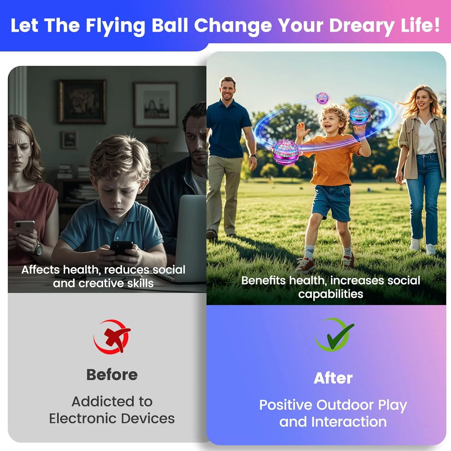 Flying Orb Ball Toy, Hand Controlled Hover Ball with LED Lights, 360° Rotating Boomerang Globe, Mini Drone Spinner for Kids, Ideal Birthday & Festival Gift for Boys Girls, 2 Pack - Blue&Purple