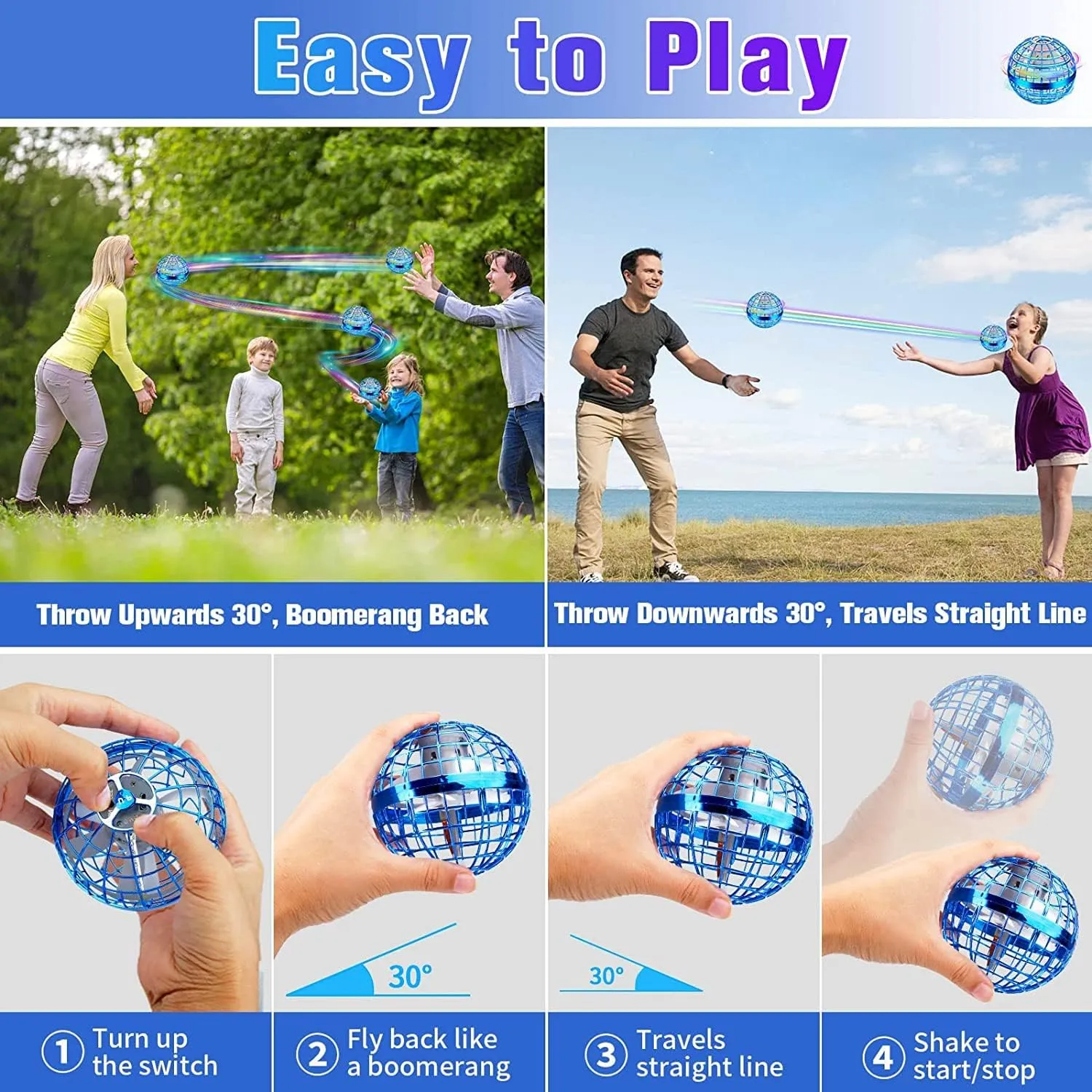Flying Orb Ball Toys, 2024 Hover Ball Soaring Nebula Flying Orb, Hand Controlled Boomerang Galaxy Ball iFly Spinner, RGB Light Magic Space UFO Cool Toy, Mini Drone for Kid Adults Outdoor Indoor-Blue