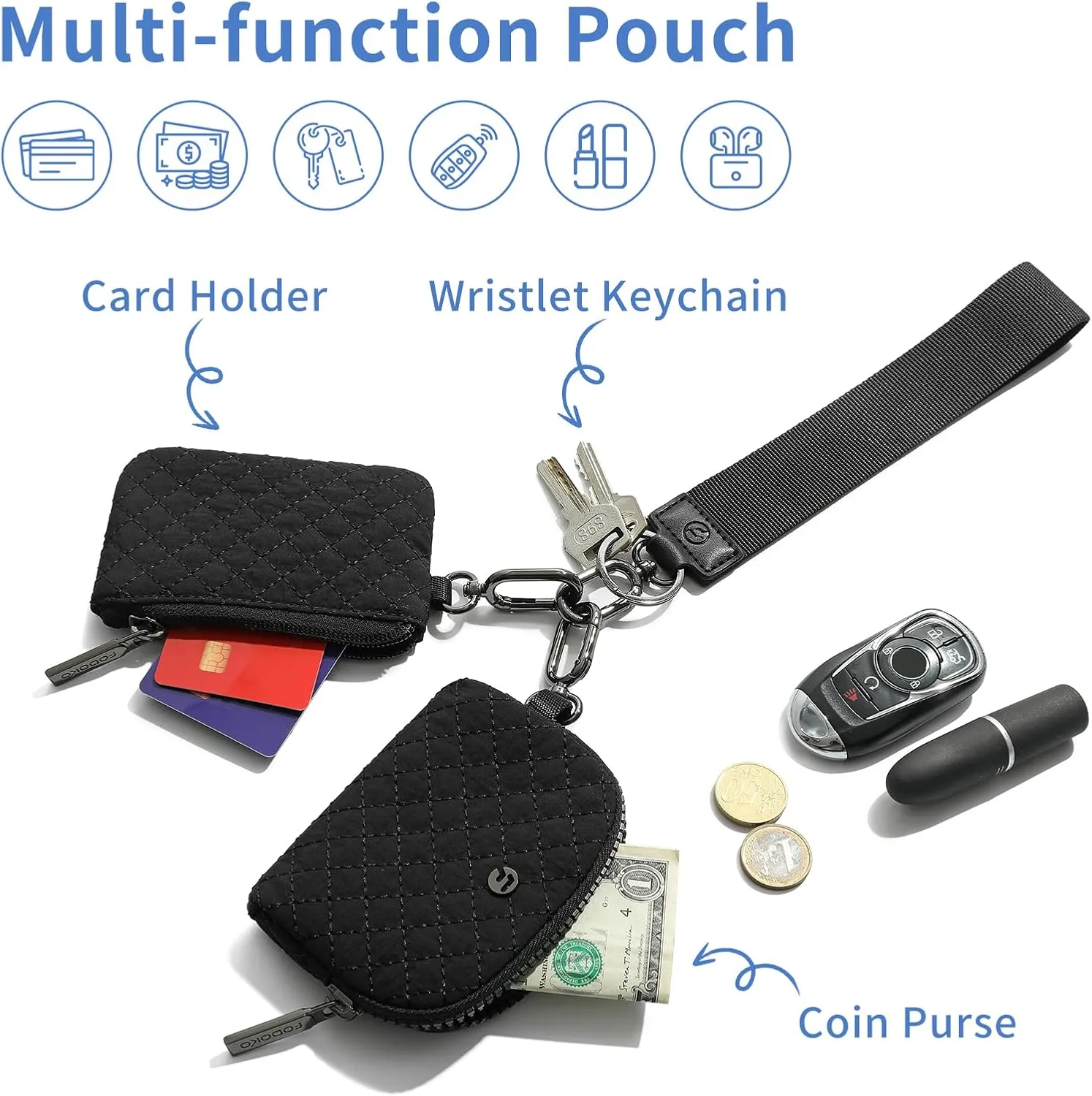 FODOKO Wristlet Wallet for Women, Detachable Dual Pouch Wristlet with Keychain, Mini Zip Around Quilted Coin Purses, Black