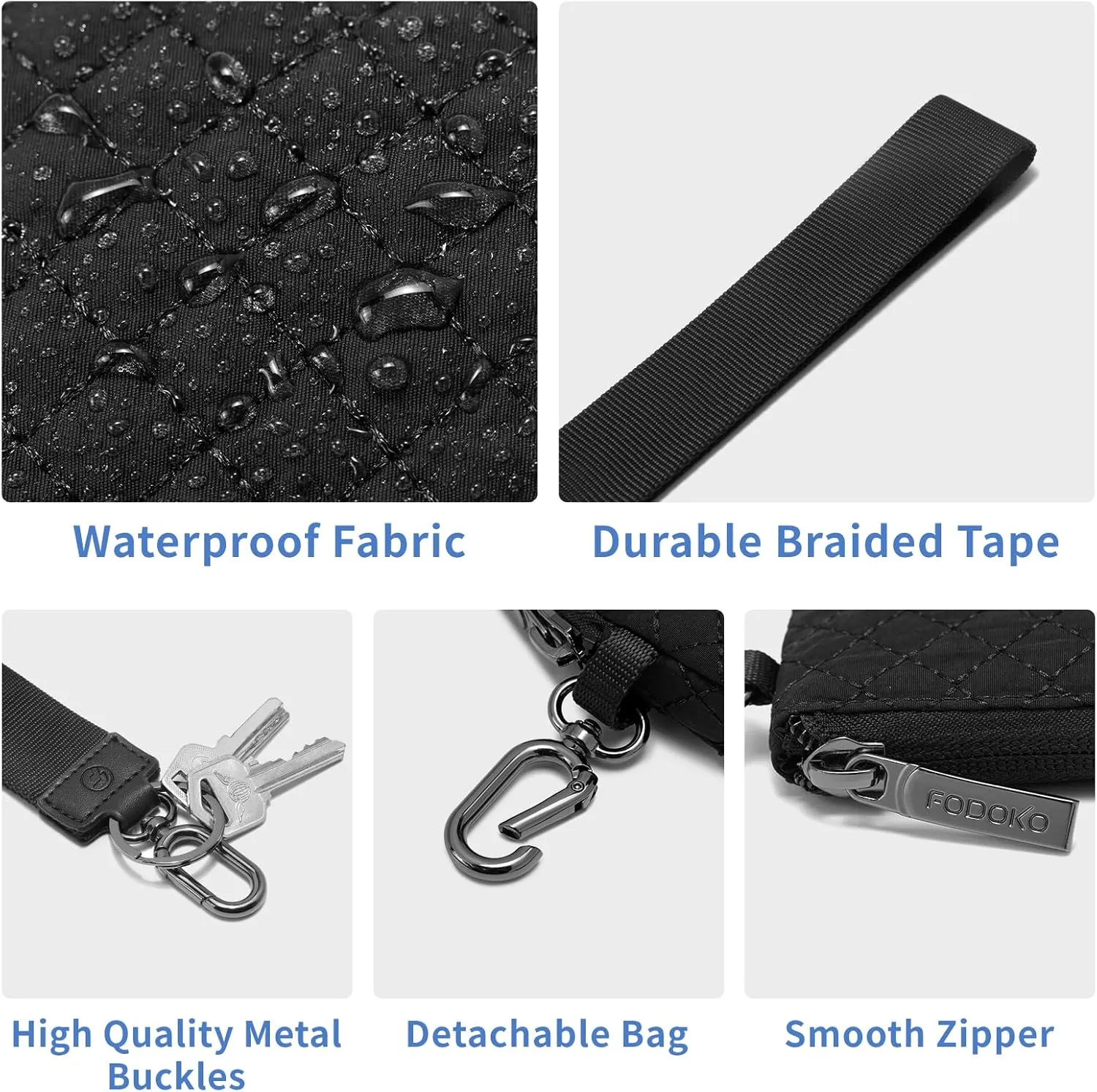 FODOKO Wristlet Wallet for Women, Detachable Dual Pouch Wristlet with Keychain, Mini Zip Around Quilted Coin Purses, Black