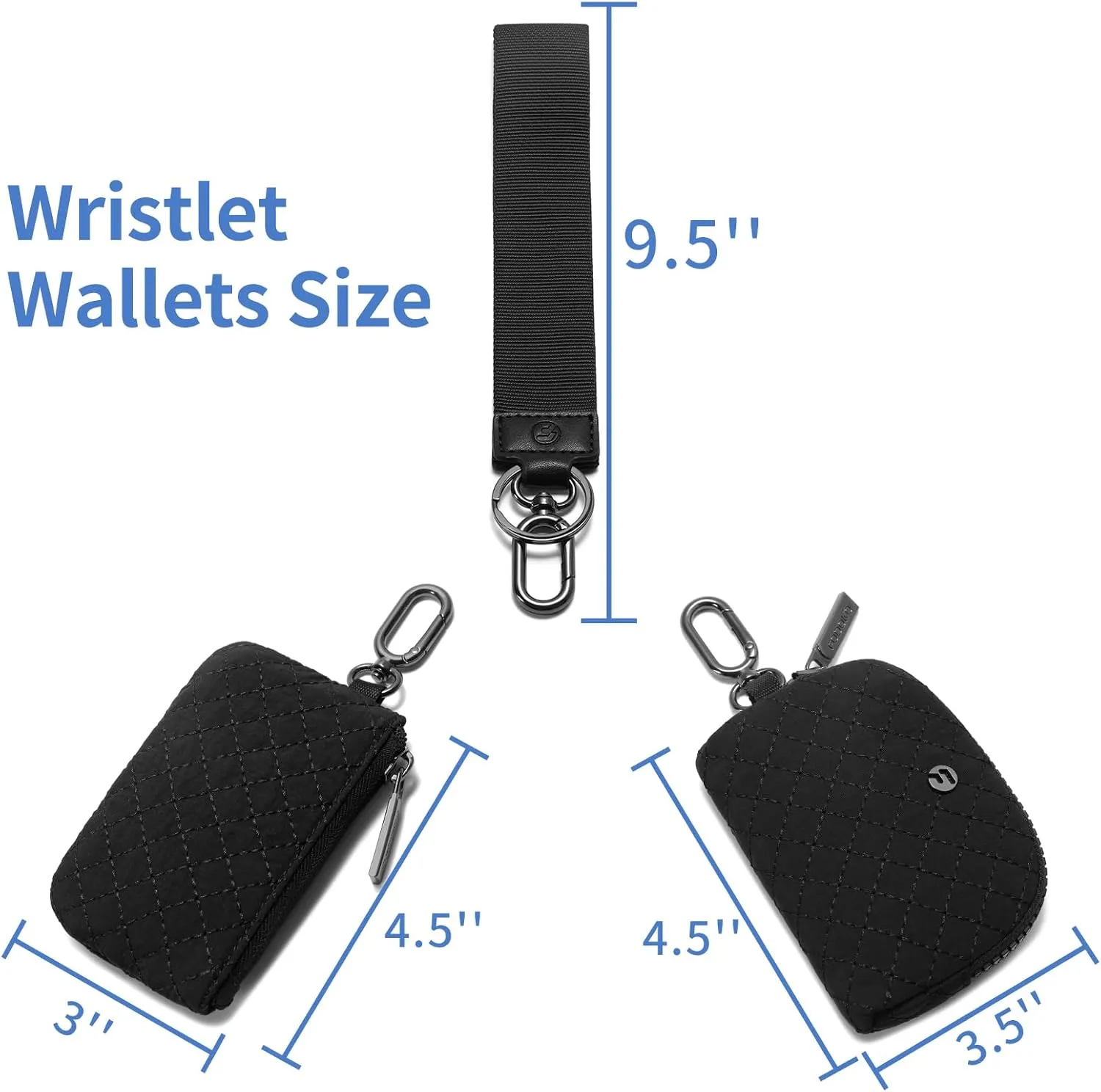 FODOKO Wristlet Wallet for Women, Detachable Dual Pouch Wristlet with Keychain, Mini Zip Around Quilted Coin Purses, Black