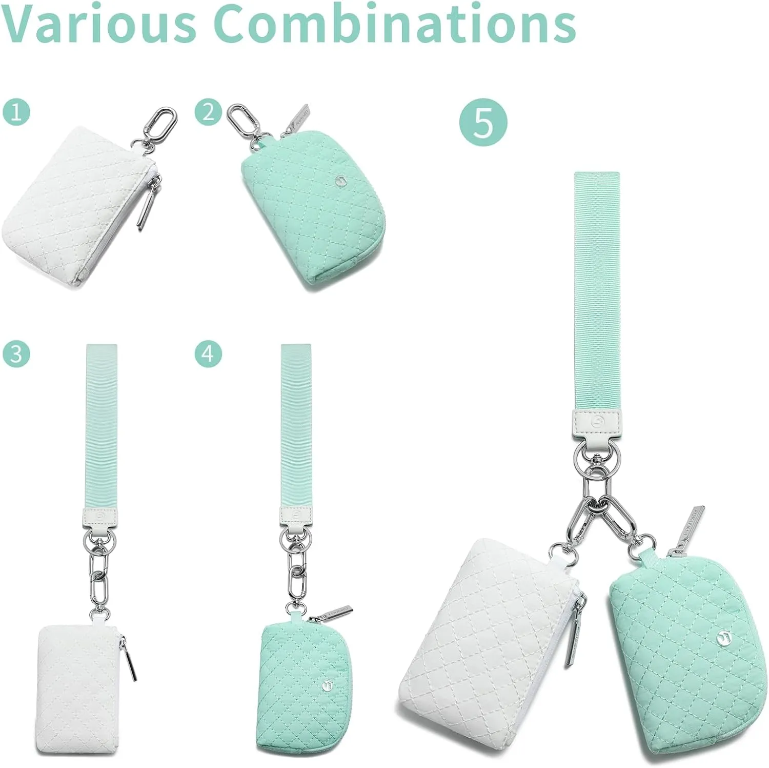 FODOKO Wristlet Wallet for Women, Detachable Dual Pouch Wristlet with Keychain, Mini Zip Around Quilted Coin Purses, Mintgreen/White