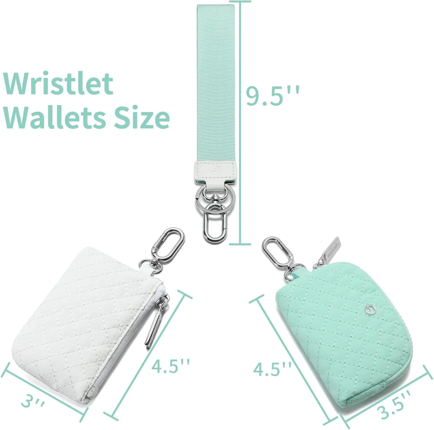 FODOKO Wristlet Wallet for Women, Detachable Dual Pouch Wristlet with Keychain, Mini Zip Around Quilted Coin Purses, Mintgreen/White