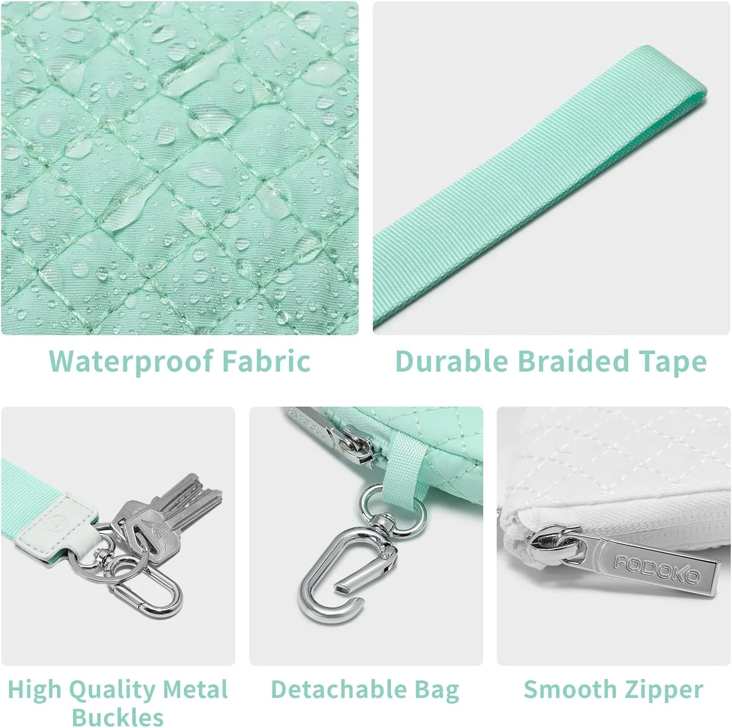 FODOKO Wristlet Wallet for Women, Detachable Dual Pouch Wristlet with Keychain, Mini Zip Around Quilted Coin Purses, Mintgreen/White