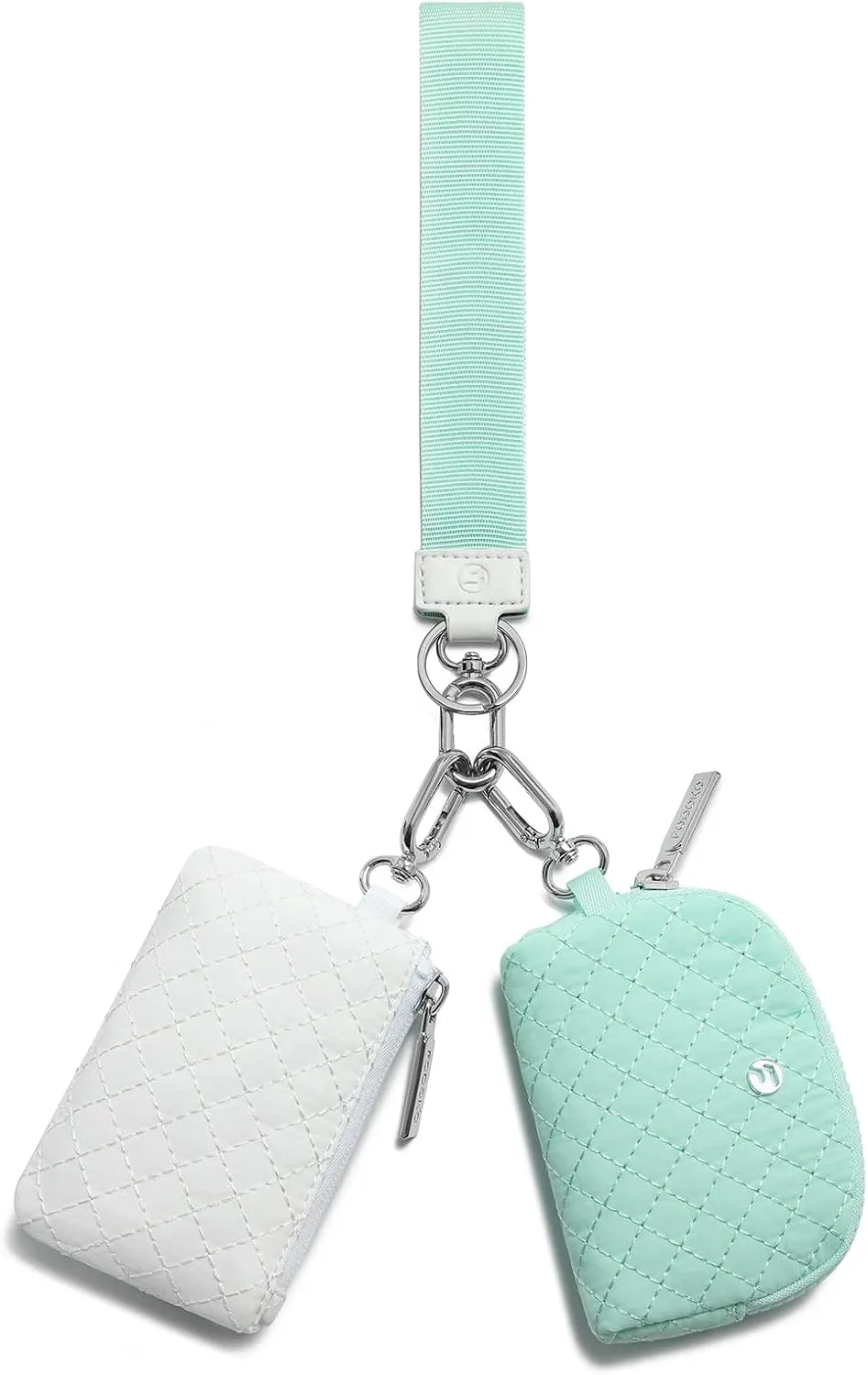 FODOKO Wristlet Wallet for Women, Detachable Dual Pouch Wristlet with Keychain, Mini Zip Around Quilted Coin Purses, Mintgreen/White