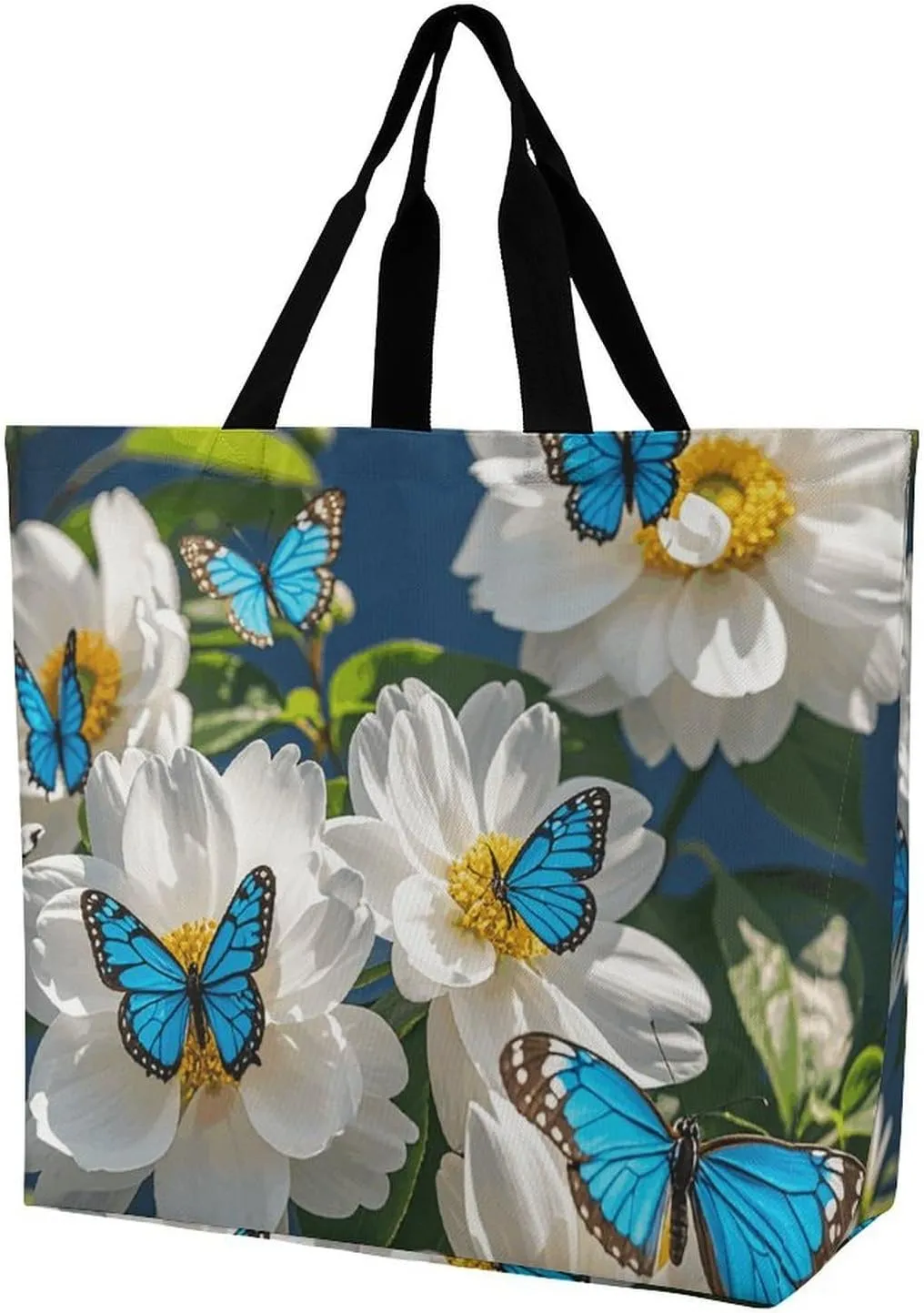 Foldable Grocery Bag Reusable Shopping Bag White Blooms Blue Butterflies Tote Bag Casual Handbags for Work Shopping