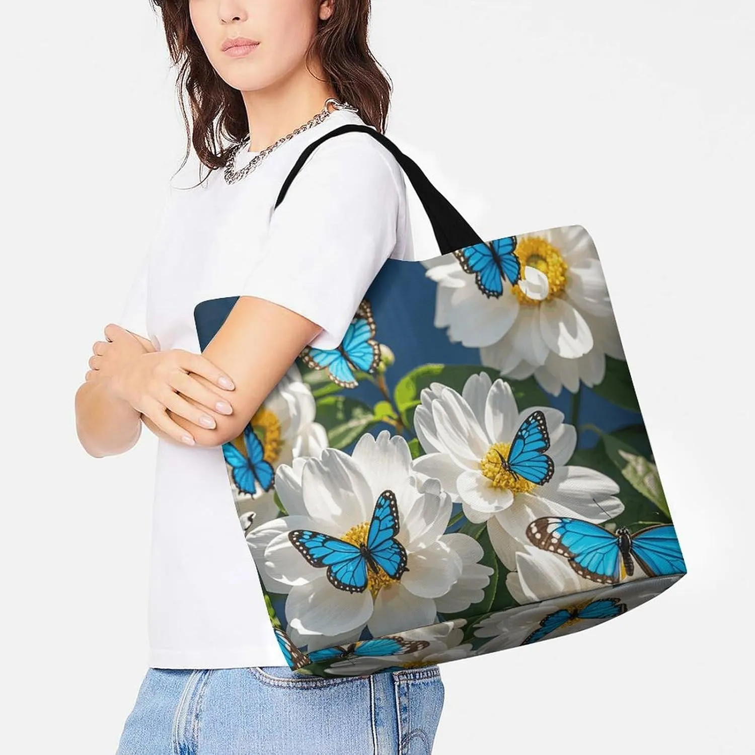 Foldable Grocery Bag Reusable Shopping Bag White Blooms Blue Butterflies Tote Bag Casual Handbags for Work Shopping