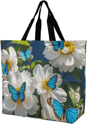Foldable Grocery Bag Reusable Shopping Bag White Blooms Blue Butterflies Tote Bag Casual Handbags for Work Shopping