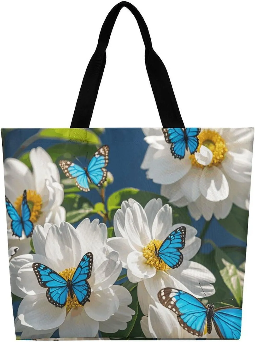 Foldable Grocery Bag Reusable Shopping Bag White Blooms Blue Butterflies Tote Bag Casual Handbags for Work Shopping