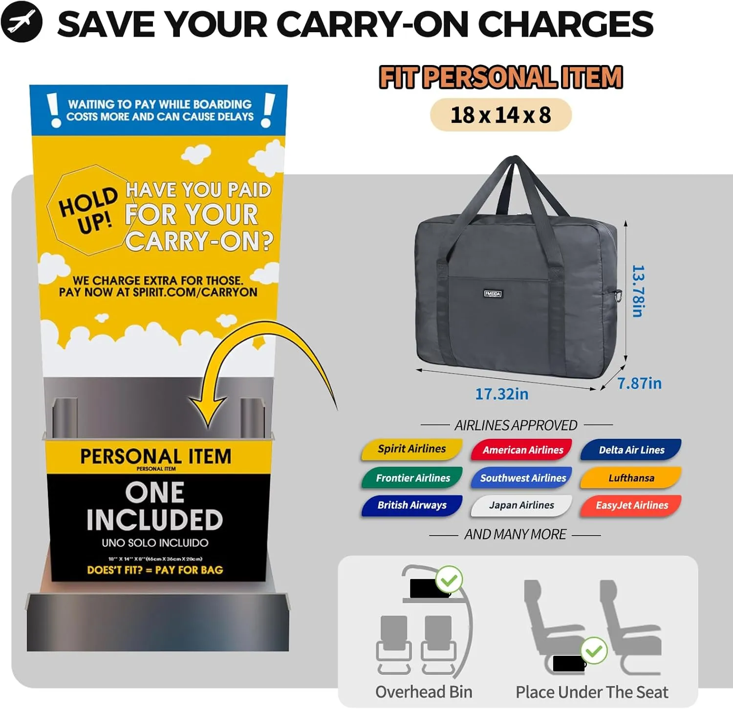 For Frontier Airlines Personal Item Bag 18x14x8 Underseat Travel Duffel Bag Carry on Luggage for Women and Men 30L (With Shoulder Strap)