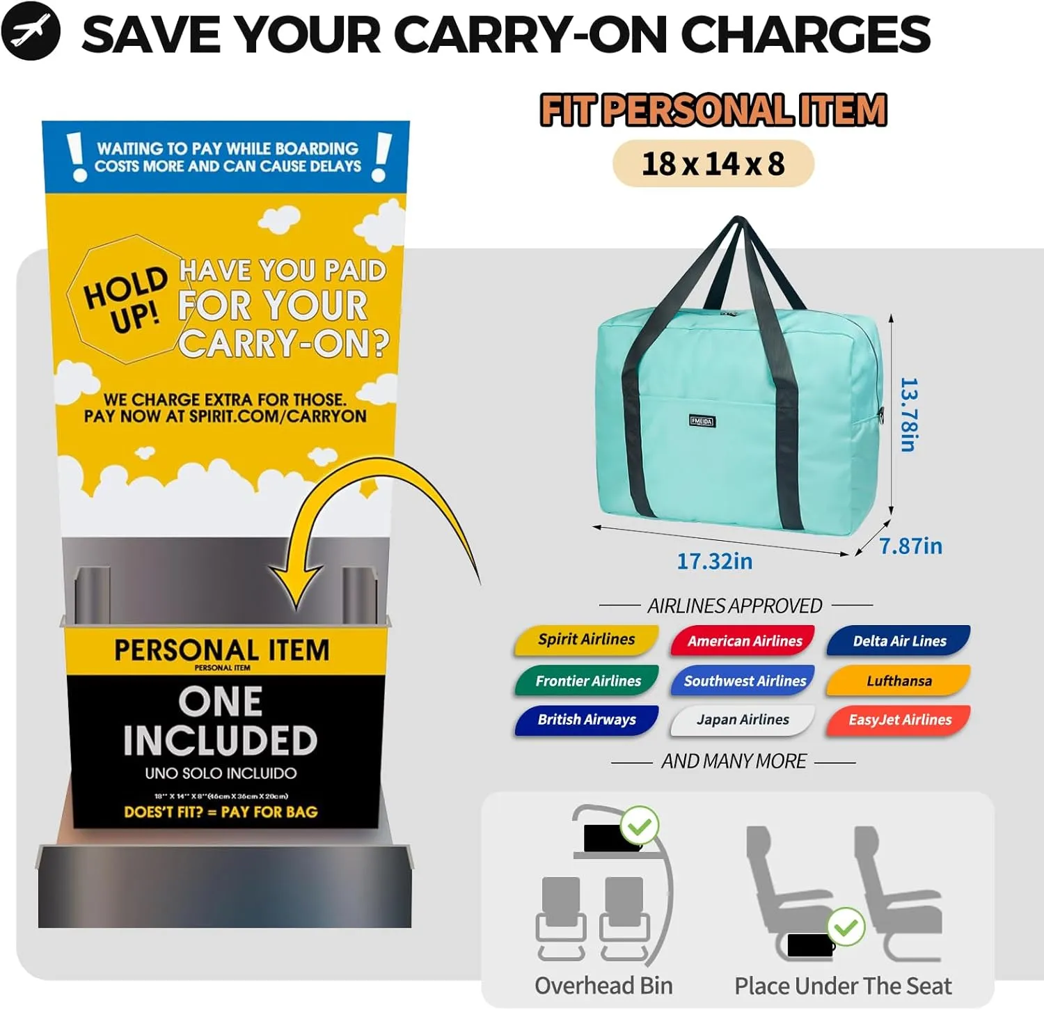 For Frontier Airlines Personal Item Bag 18x14x8 Underseat Travel Duffel Bag Carry on Luggage for Women and Men 30L (With Shoulder Strap)