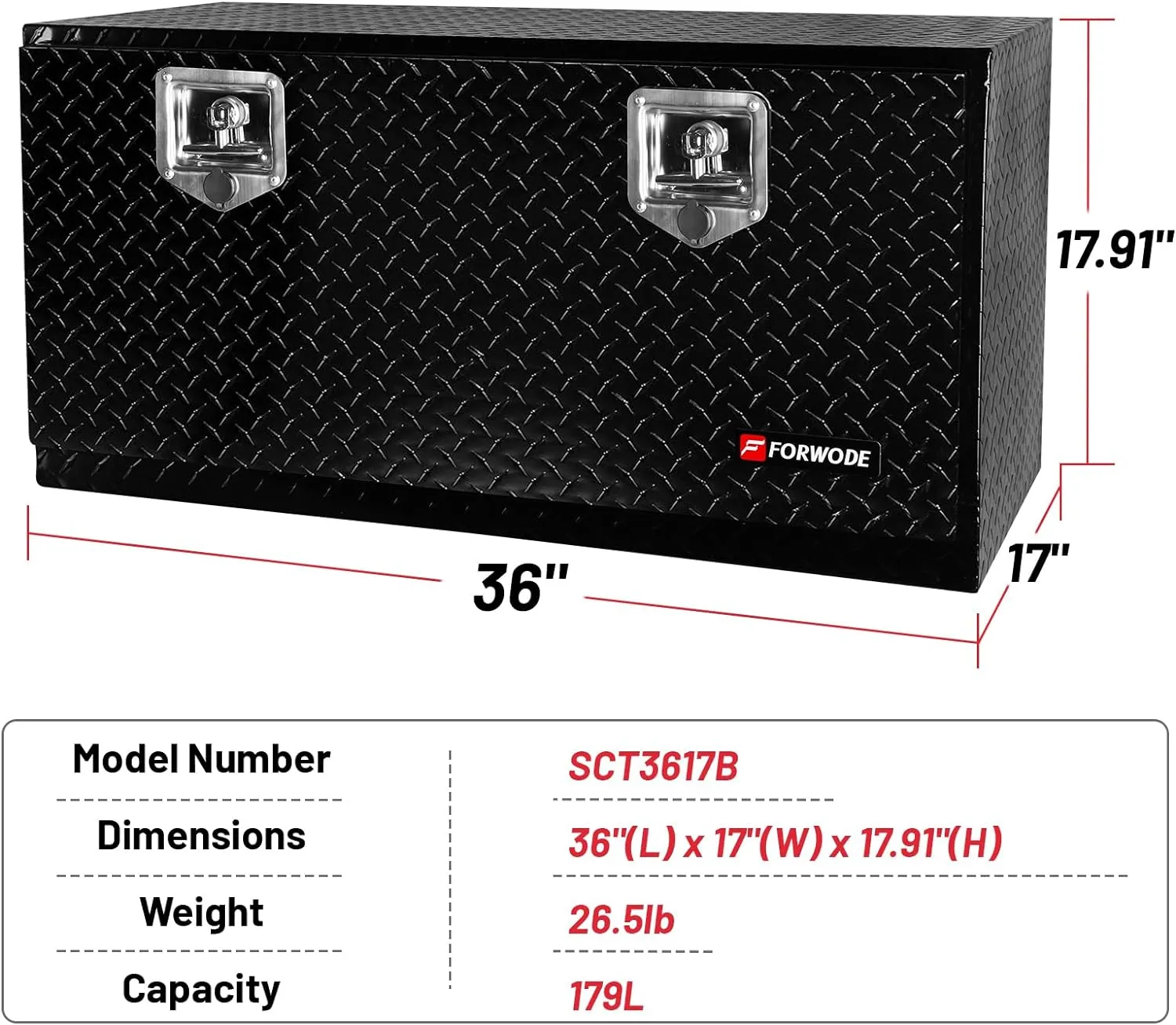 FORWODE 36 Inch Underbody Truck Tool Box Aluminum Heavy Duty Trailer Tool Box for Pickup Truck Bed, RV Toolbox - Black