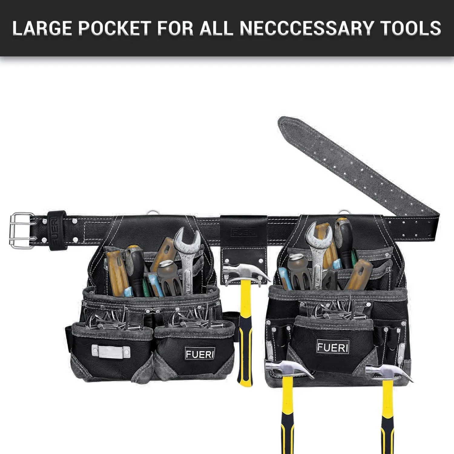 FUERI Leather Tool Belt with Suspenders Heavy Duty Bags Dual Hammer Holsters Tool Pouches for Men Construction Carpenters Electricians Framers Women Workers 16 Pockets