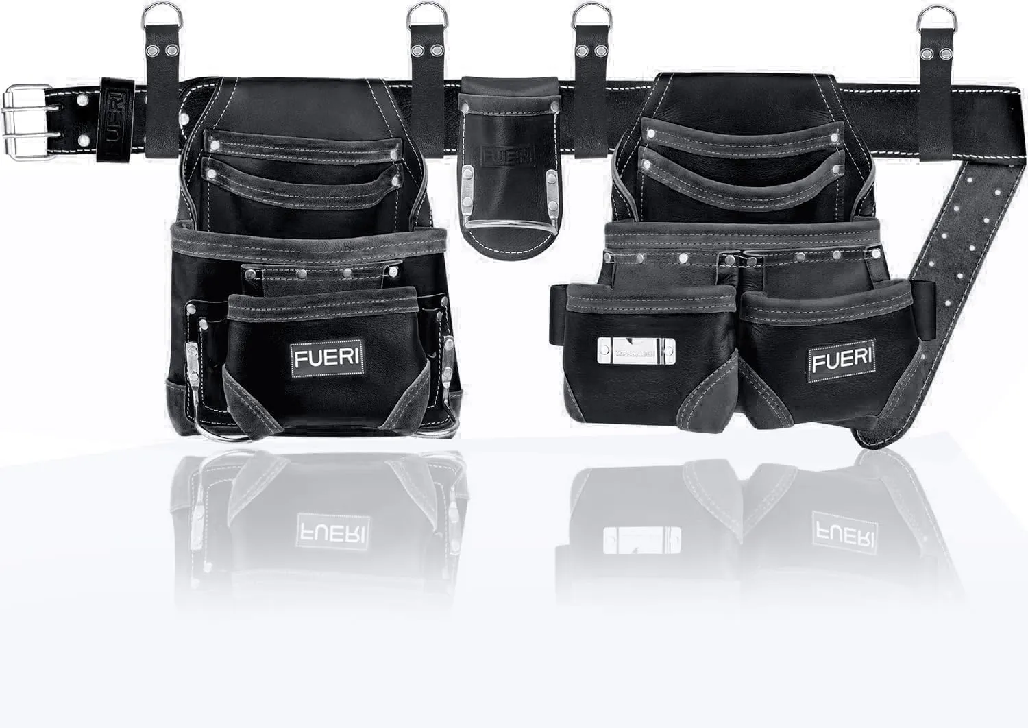 FUERI Leather Tool Belt with Suspenders Heavy Duty Bags Dual Hammer Holsters Tool Pouches for Men Construction Carpenters Electricians Framers Women Workers 16 Pockets