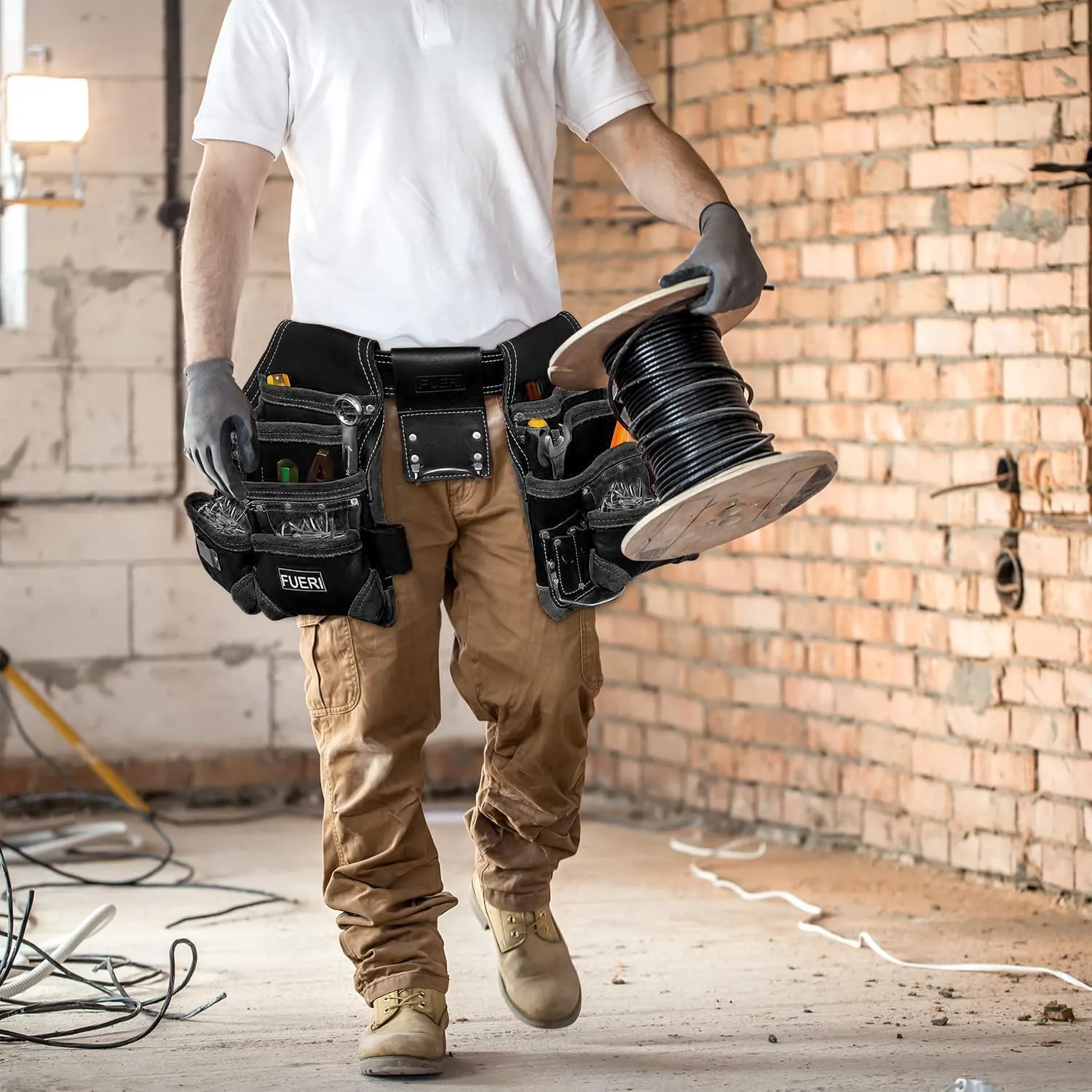 FUERI Leather Tool Belt with Suspenders Heavy Duty Bags Dual Hammer Holsters Tool Pouches for Men Construction Carpenters Electricians Framers Women Workers 16 Pockets