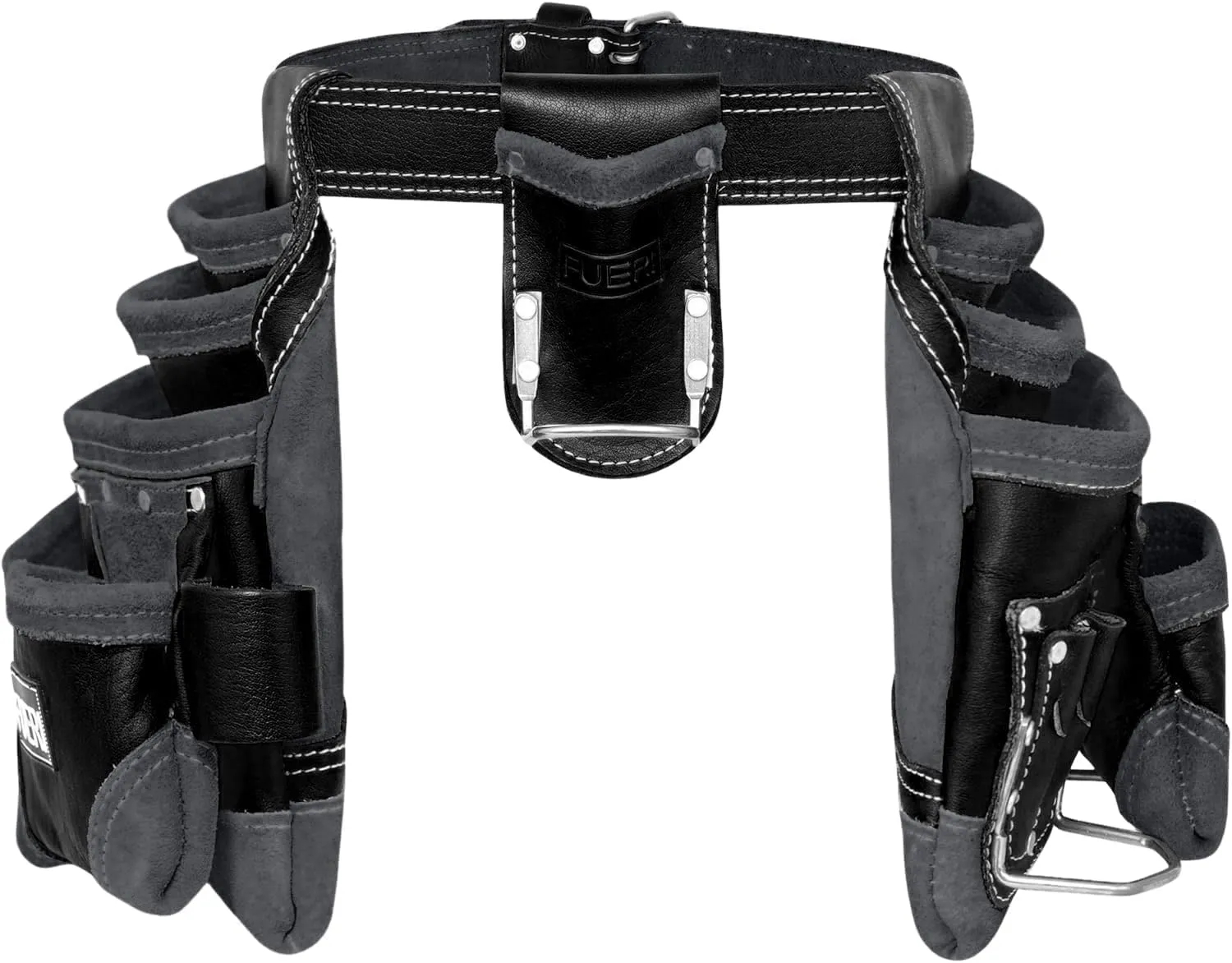 FUERI Leather Tool Belt with Suspenders Heavy Duty Bags Dual Hammer Holsters Tool Pouches for Men Construction Carpenters Electricians Framers Women Workers 16 Pockets
