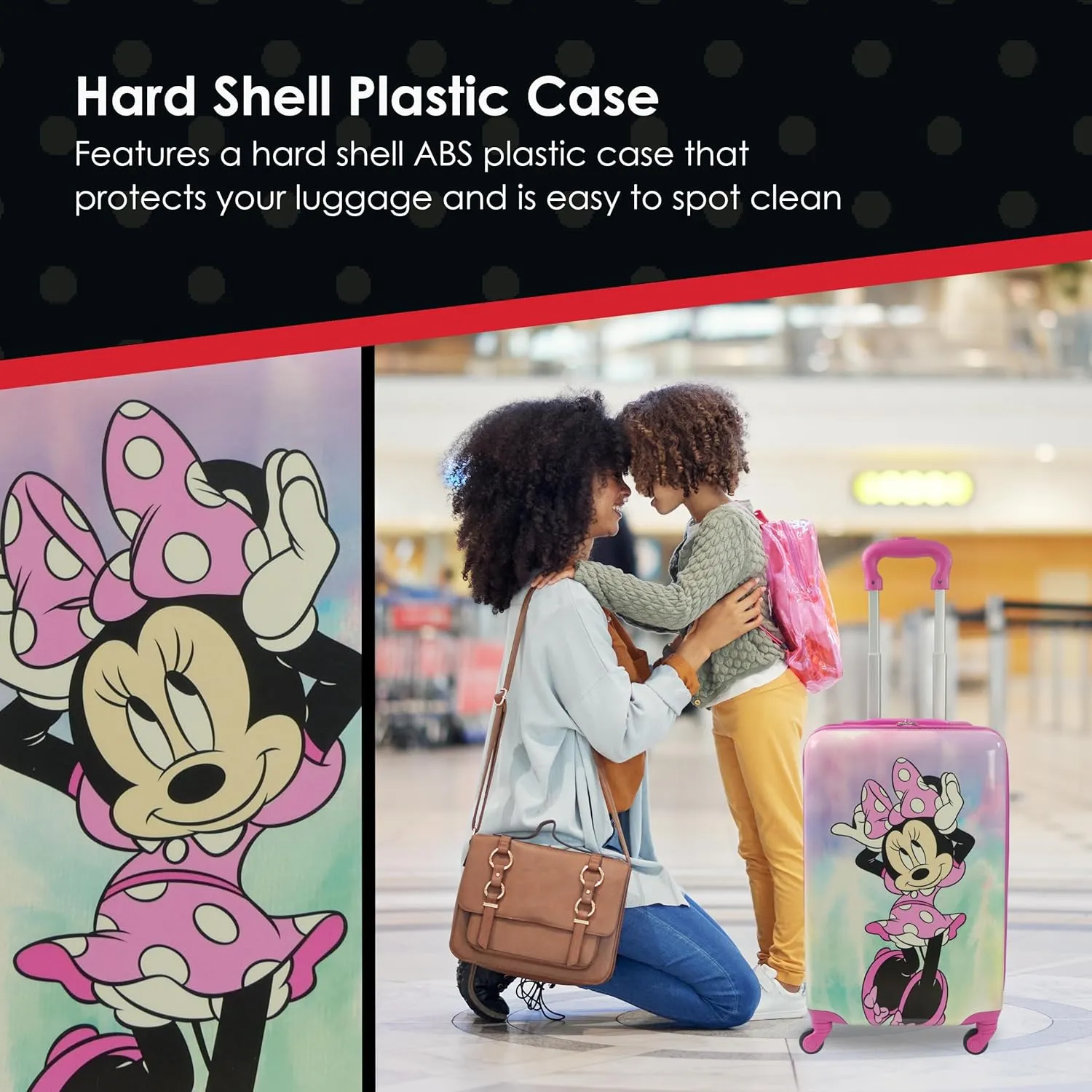 FUL Disney Minnie Mouse Kids Carry On Luggage, Hardshell Rolling Suitcase with Spinner Wheels, Pink, 21 x 13.5 x 8.5 inches