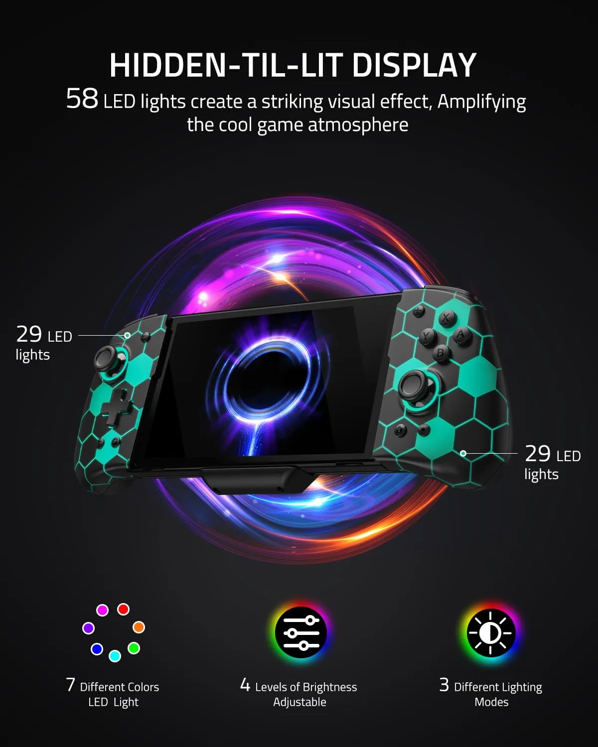 FUNLAB Switch Joypad Controller Compatible with Nintendo Switch/OLED, Luminpad Switch handheld Controller, Ergonomic Switch Controllers Replacement - 7 LED Colors/Turbo/Mapping - Black
