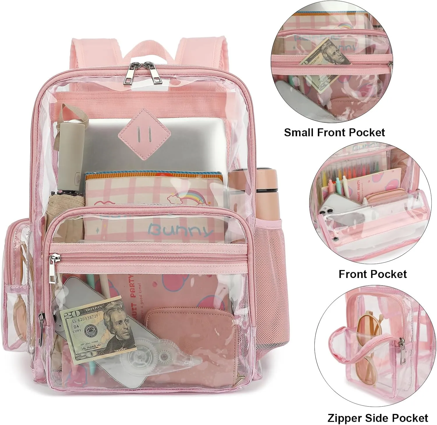 Fuyicat Heavy Duty Clear Backpack for Girls Boys Women Men, PVC Transparent School Backpacks See Through College Bookbag (Light Pink)