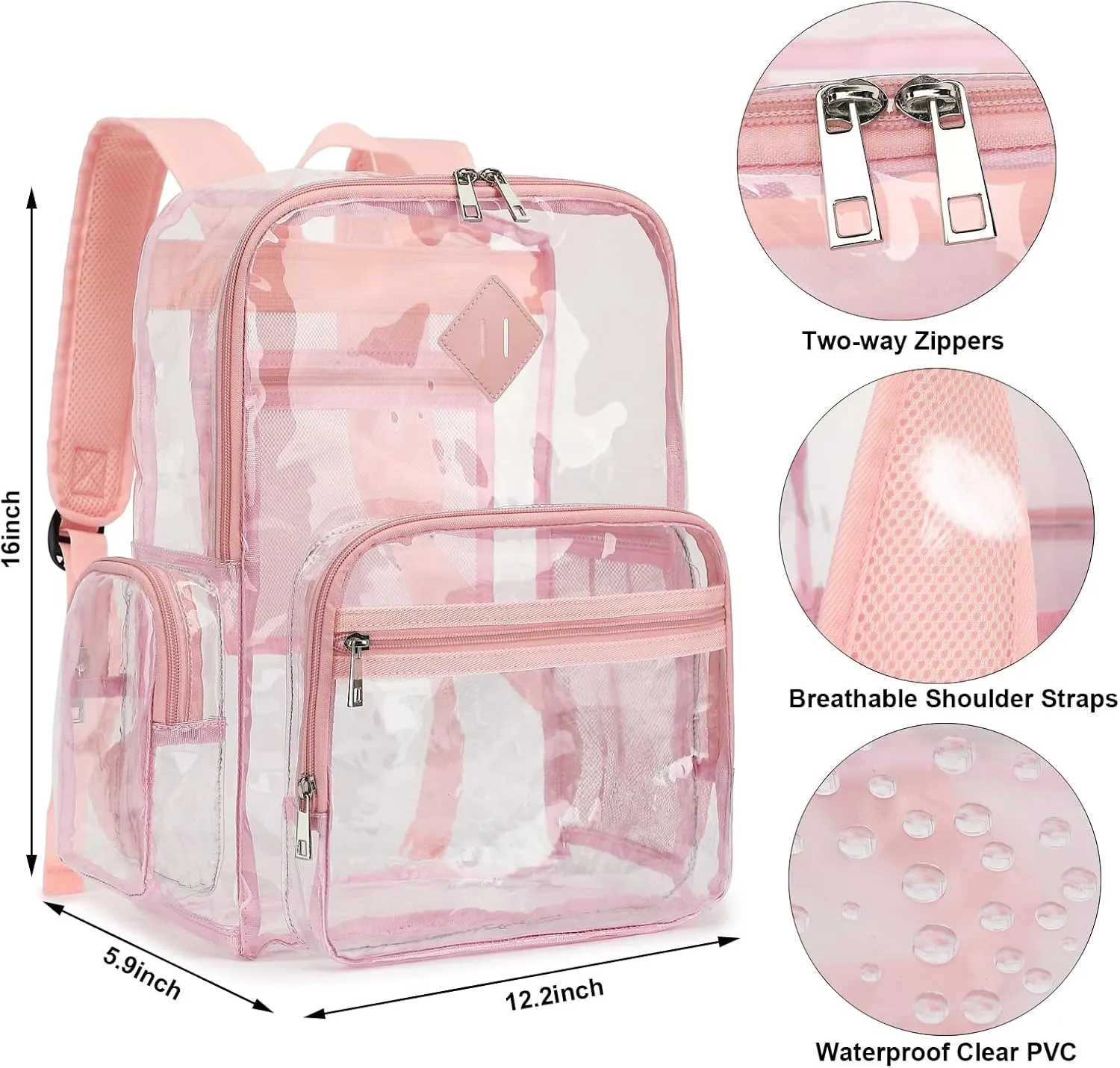 Fuyicat Heavy Duty Clear Backpack for Girls Boys Women Men, PVC Transparent School Backpacks See Through College Bookbag (Light Pink)