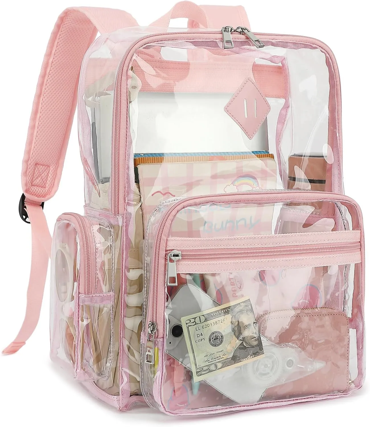 Fuyicat Heavy Duty Clear Backpack for Girls Boys Women Men, PVC Transparent School Backpacks See Through College Bookbag (Light Pink)