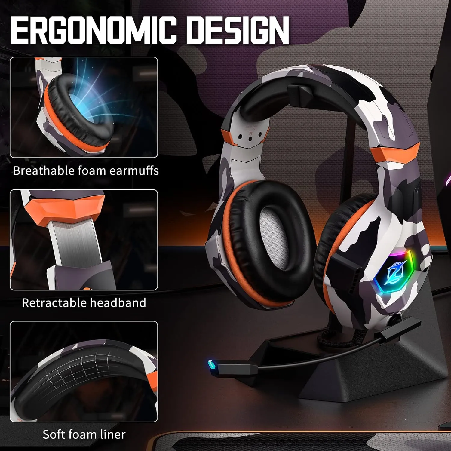 Gaming Headset for PC, Ps4, Ps5, Xbox Headset with 7.1 Surround Sound, Gaming Headphones with Noise Cancelling Mic RGB Light Over Ear Headphones for Xbox Series X/S, Switch-Camo