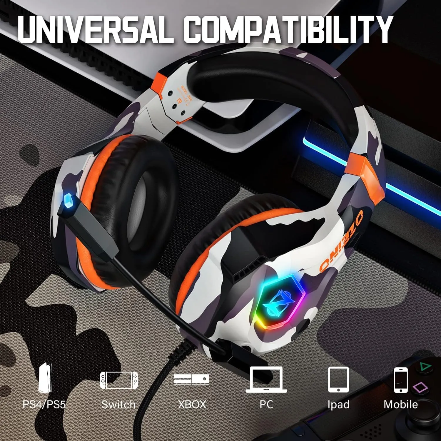 Gaming Headset for PC, Ps4, Ps5, Xbox Headset with 7.1 Surround Sound, Gaming Headphones with Noise Cancelling Mic RGB Light Over Ear Headphones for Xbox Series X/S, Switch-Camo