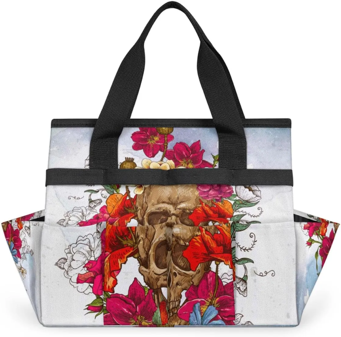Garden Tool Tote Bag for Women Men Day of The Dead Sugar Skull Flowers Gardening Tool Storage Bags with 10 Pockets Standable Garden Home Tool Kits Organizer for Indoor Outdoor Gardening Gifts