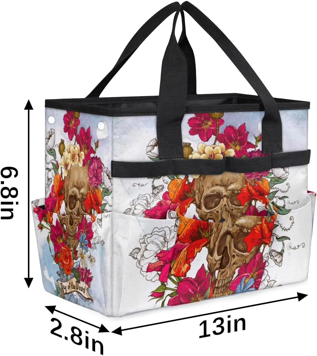 Garden Tool Tote Bag for Women Men Day of The Dead Sugar Skull Flowers Gardening Tool Storage Bags with 10 Pockets Standable Garden Home Tool Kits Organizer for Indoor Outdoor Gardening Gifts