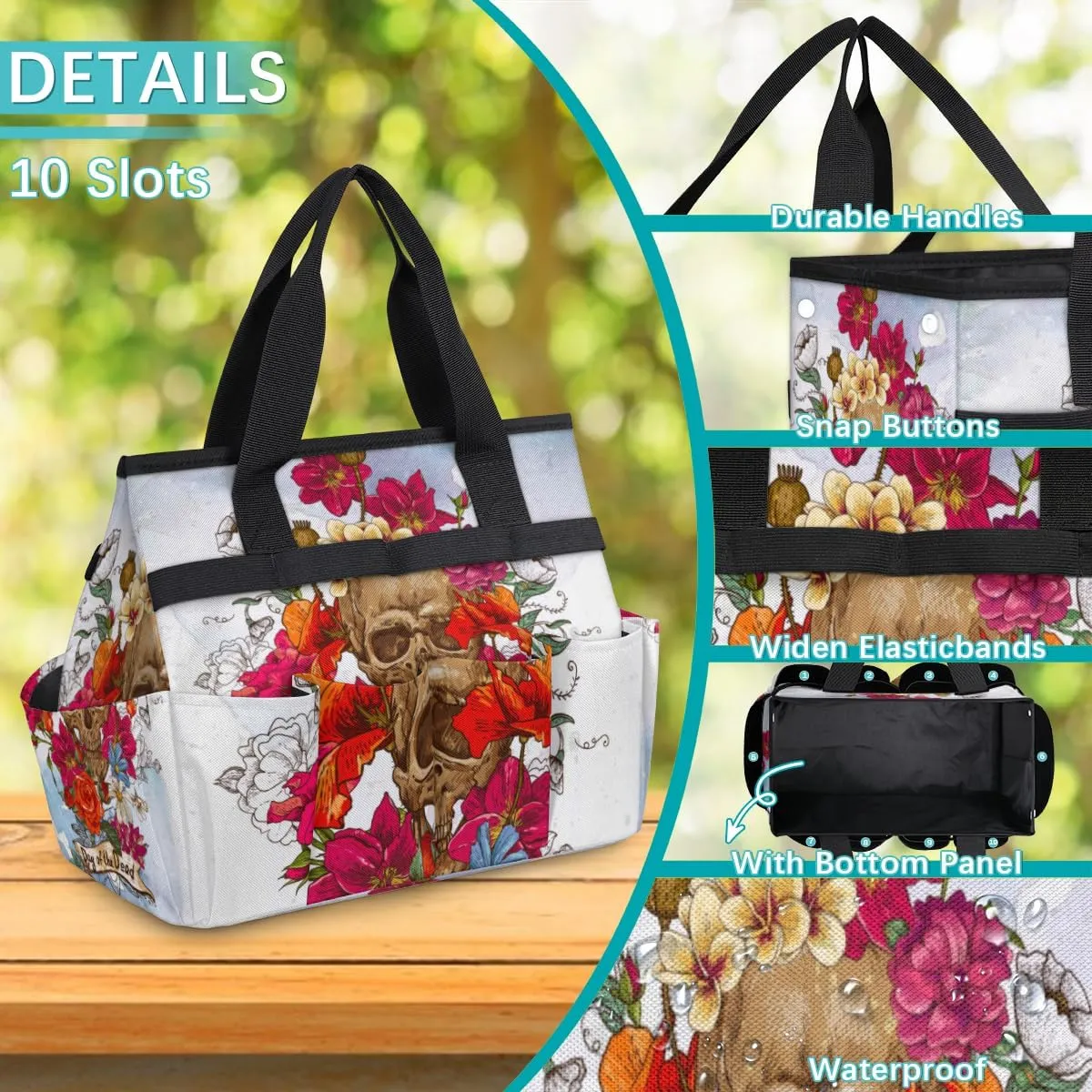 Garden Tool Tote Bag for Women Men Day of The Dead Sugar Skull Flowers Gardening Tool Storage Bags with 10 Pockets Standable Garden Home Tool Kits Organizer for Indoor Outdoor Gardening Gifts