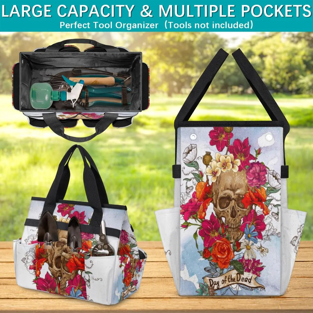 Garden Tool Tote Bag for Women Men Day of The Dead Sugar Skull Flowers Gardening Tool Storage Bags with 10 Pockets Standable Garden Home Tool Kits Organizer for Indoor Outdoor Gardening Gifts