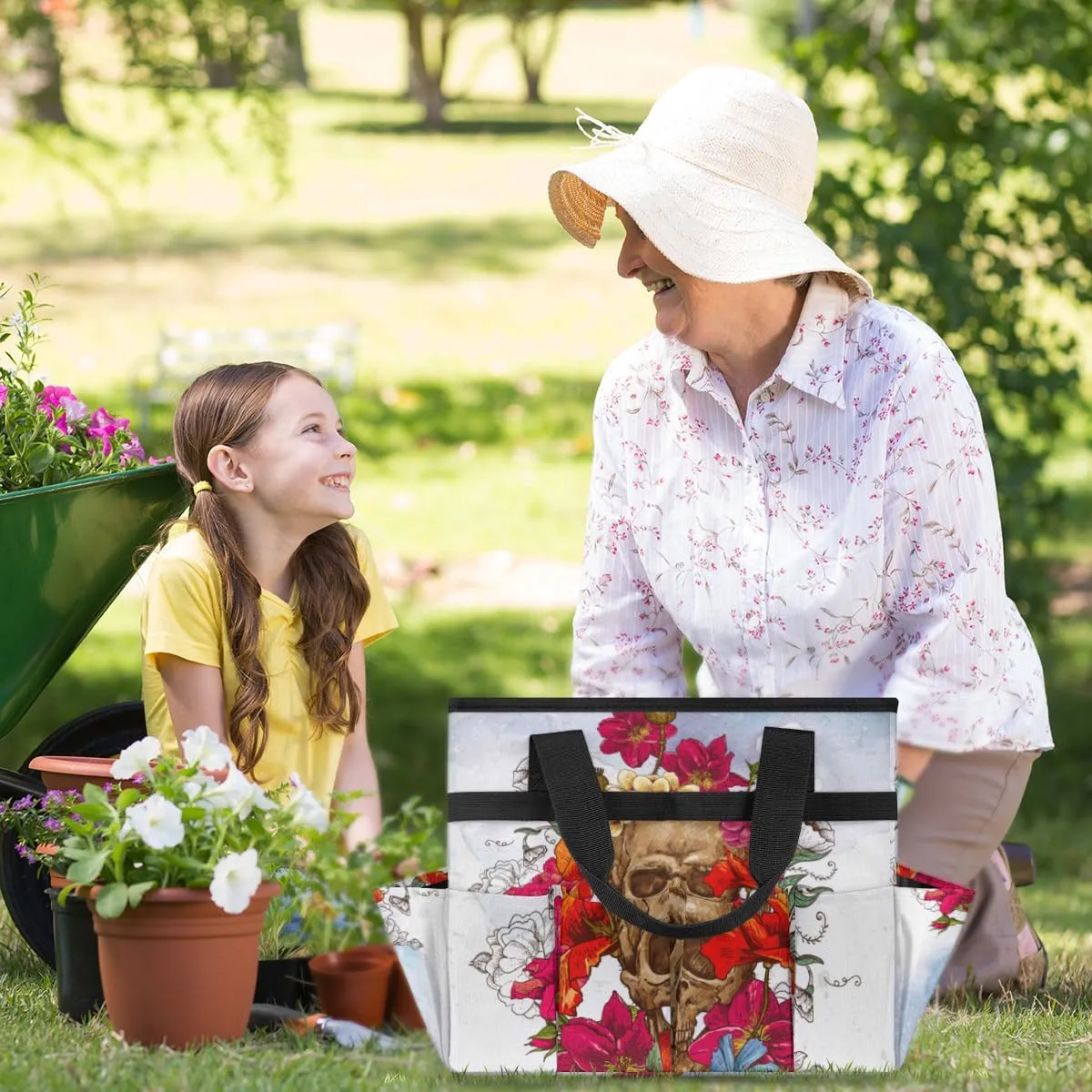 Garden Tool Tote Bag for Women Men Day of The Dead Sugar Skull Flowers Gardening Tool Storage Bags with 10 Pockets Standable Garden Home Tool Kits Organizer for Indoor Outdoor Gardening Gifts