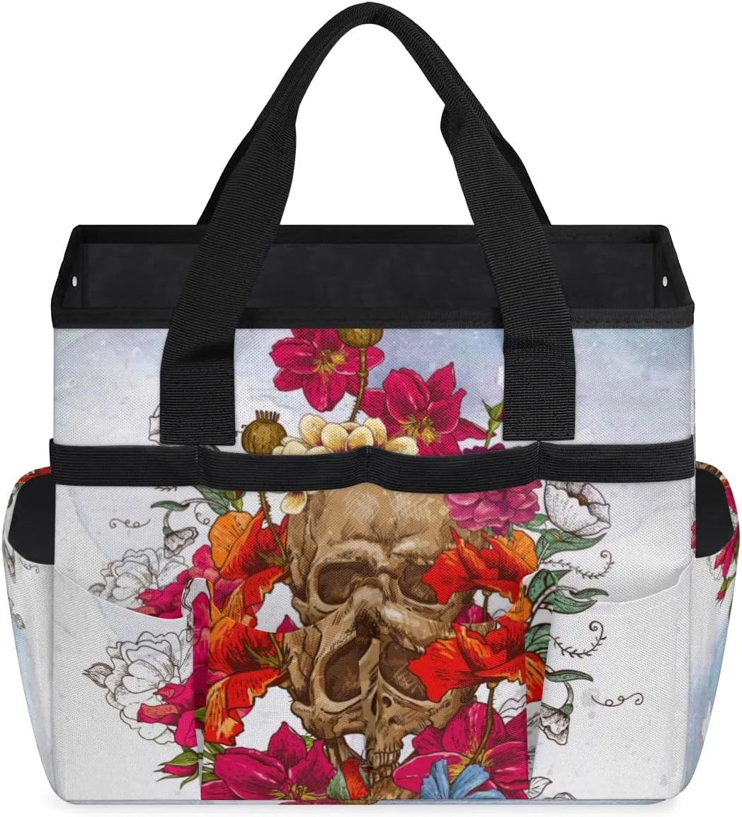 Garden Tool Tote Bag for Women Men Day of The Dead Sugar Skull Flowers Gardening Tool Storage Bags with 10 Pockets Standable Garden Home Tool Kits Organizer for Indoor Outdoor Gardening Gifts