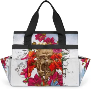Garden Tool Tote Bag for Women Men Day of The Dead Sugar Skull Flowers Gardening Tool Storage Bags with 10 Pockets Standable Garden Home Tool Kits Organizer for Indoor Outdoor Gardening Gifts