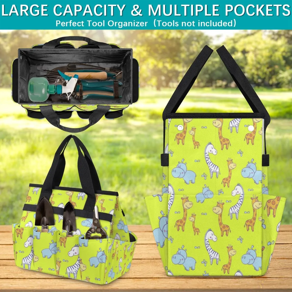 Garden Tool Tote Bag for Women Men Rhinoceros Giraffe Gardening Tool Storage Bags with 10 Pockets Standable Garden Home Tool Kits Organizer for Indoor Outdoor Gardening Gifts