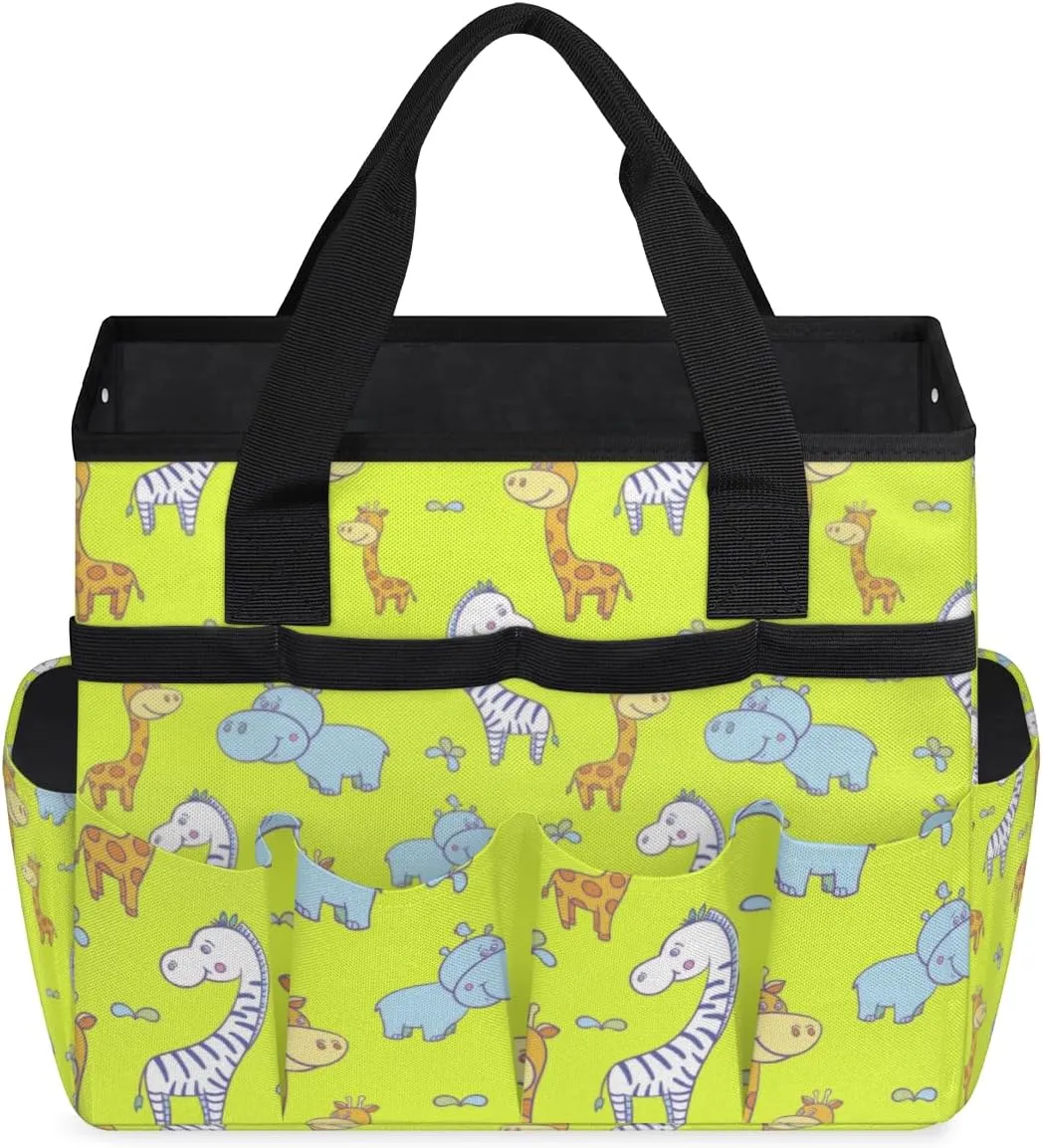 Garden Tool Tote Bag for Women Men Rhinoceros Giraffe Gardening Tool Storage Bags with 10 Pockets Standable Garden Home Tool Kits Organizer for Indoor Outdoor Gardening Gifts