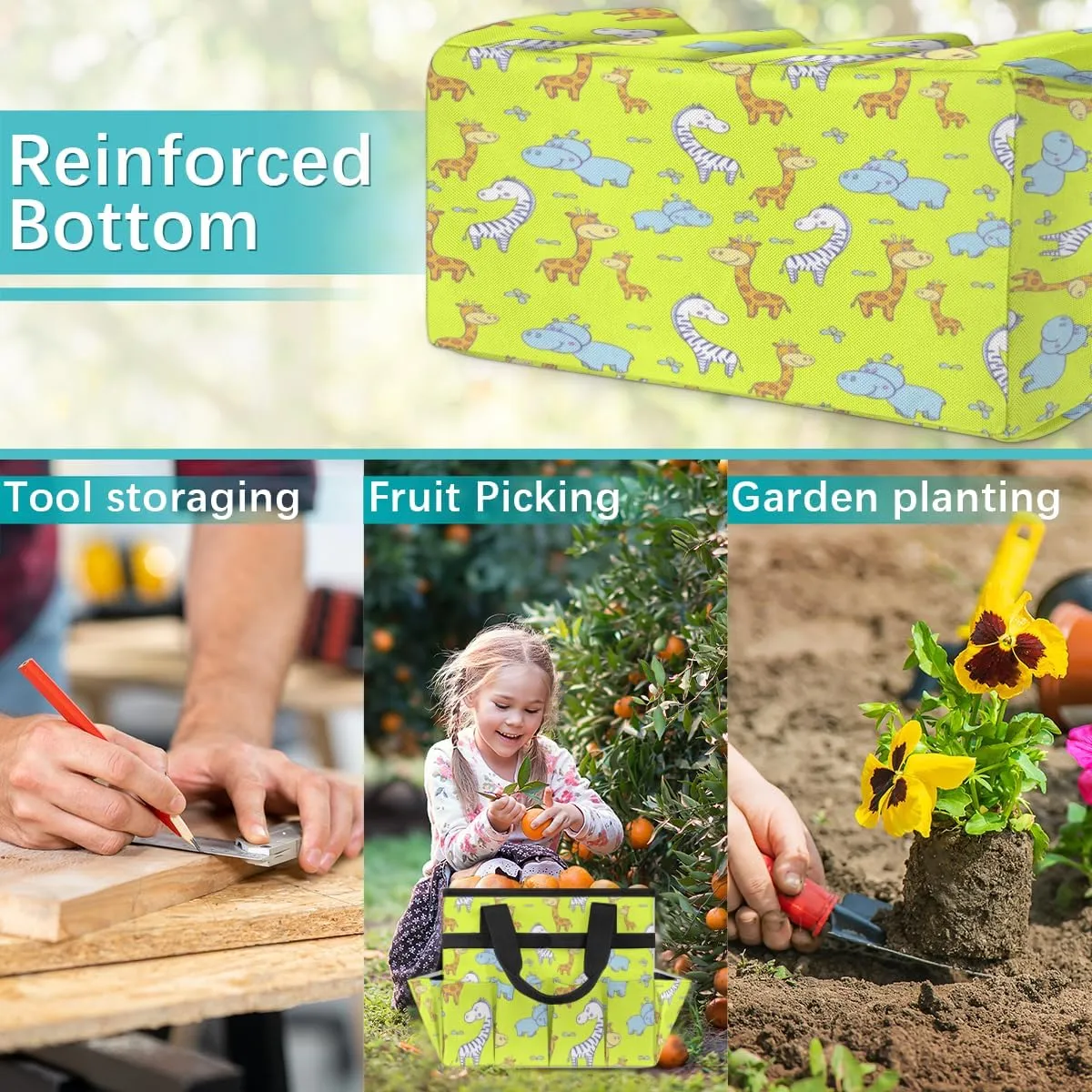 Garden Tool Tote Bag for Women Men Rhinoceros Giraffe Gardening Tool Storage Bags with 10 Pockets Standable Garden Home Tool Kits Organizer for Indoor Outdoor Gardening Gifts