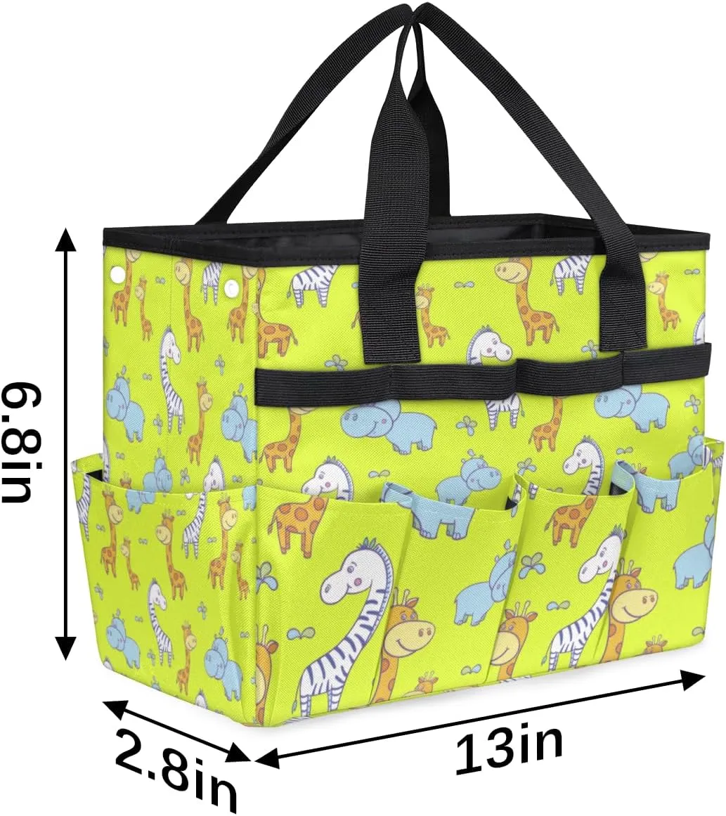 Garden Tool Tote Bag for Women Men Rhinoceros Giraffe Gardening Tool Storage Bags with 10 Pockets Standable Garden Home Tool Kits Organizer for Indoor Outdoor Gardening Gifts