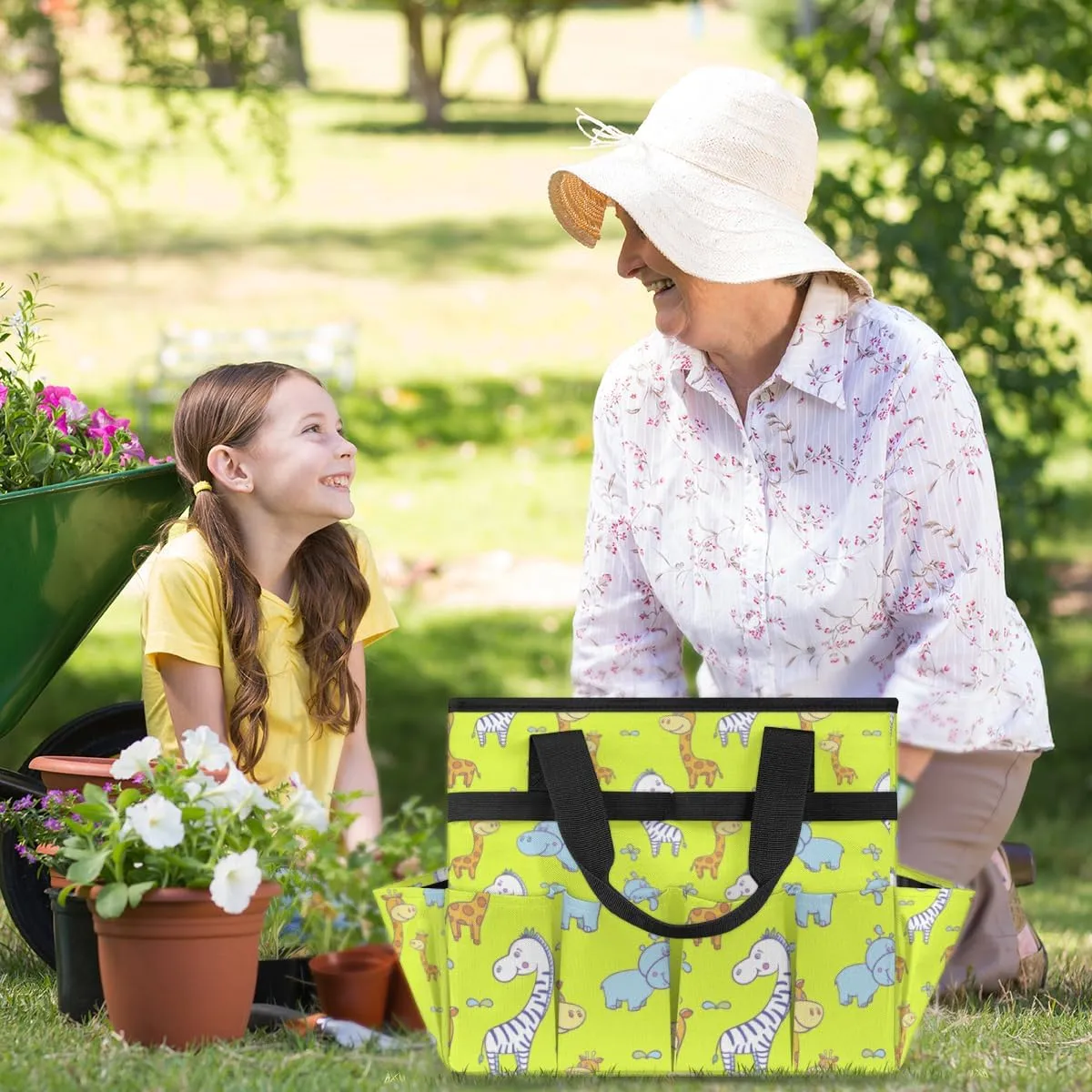 Garden Tool Tote Bag for Women Men Rhinoceros Giraffe Gardening Tool Storage Bags with 10 Pockets Standable Garden Home Tool Kits Organizer for Indoor Outdoor Gardening Gifts