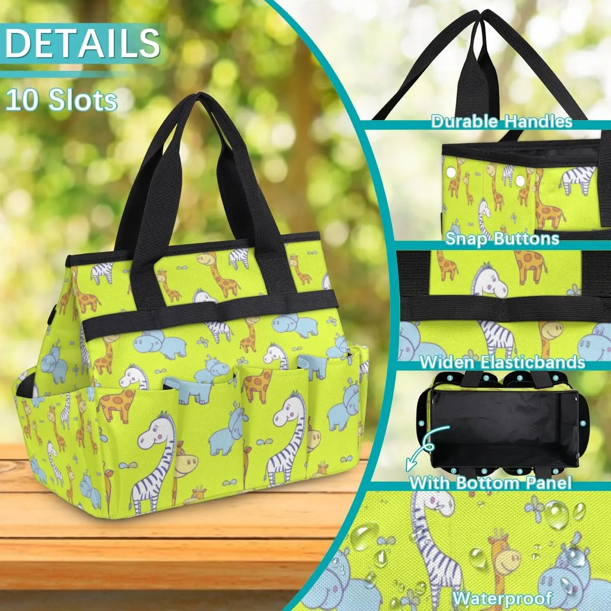 Garden Tool Tote Bag for Women Men Rhinoceros Giraffe Gardening Tool Storage Bags with 10 Pockets Standable Garden Home Tool Kits Organizer for Indoor Outdoor Gardening Gifts