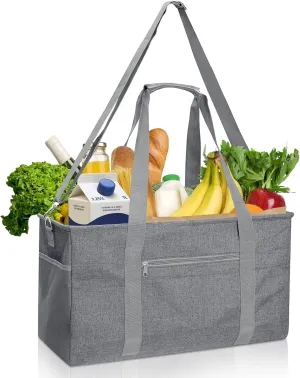 GARPROVM Extra Large Grocery Tote Bag, 42L Reusable Grocery Bags, Foldable Shopping Bag Beach Bag Shopping Basket Utility Tote with Metal Frame Removable Shoulder Strap Bottom, 22"x9.8"x11.8"