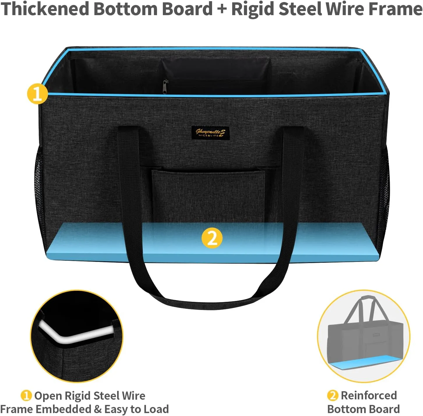 GhvyenntteS Extra Large Utility Tote Bag 2 Pack - Stand Up Utility Tote with Metal Wire Frame & Hard Bottom Board, Reusable Grocery Bags With Handles for Storage, Picnics, Beach, Laundry, Car, Camping