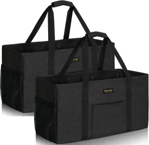 GhvyenntteS Extra Large Utility Tote Bag 2 Pack - Stand Up Utility Tote with Metal Wire Frame & Hard Bottom Board, Reusable Grocery Bags With Handles for Storage, Picnics, Beach, Laundry, Car, Camping