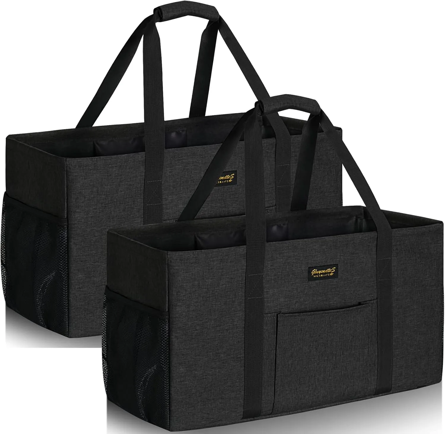 GhvyenntteS Extra Large Utility Tote Bag 2 Pack - Stand Up Utility Tote with Metal Wire Frame & Hard Bottom Board, Reusable Grocery Bags With Handles for Storage, Picnics, Beach, Laundry, Car, Camping