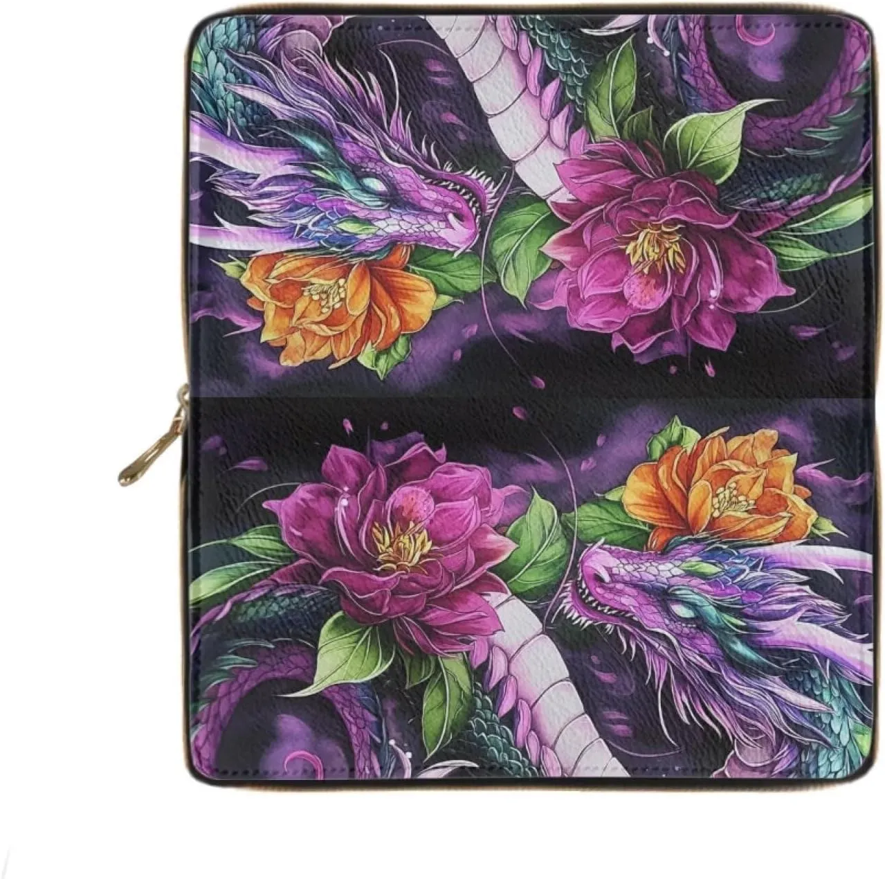 GIFTPUZZ Dragon Women’s Leather Long Wallet Zippered Pocket Purse for IDs, Cash & Coins - Stylish Travel & School Handbag for Active Women Colorful
