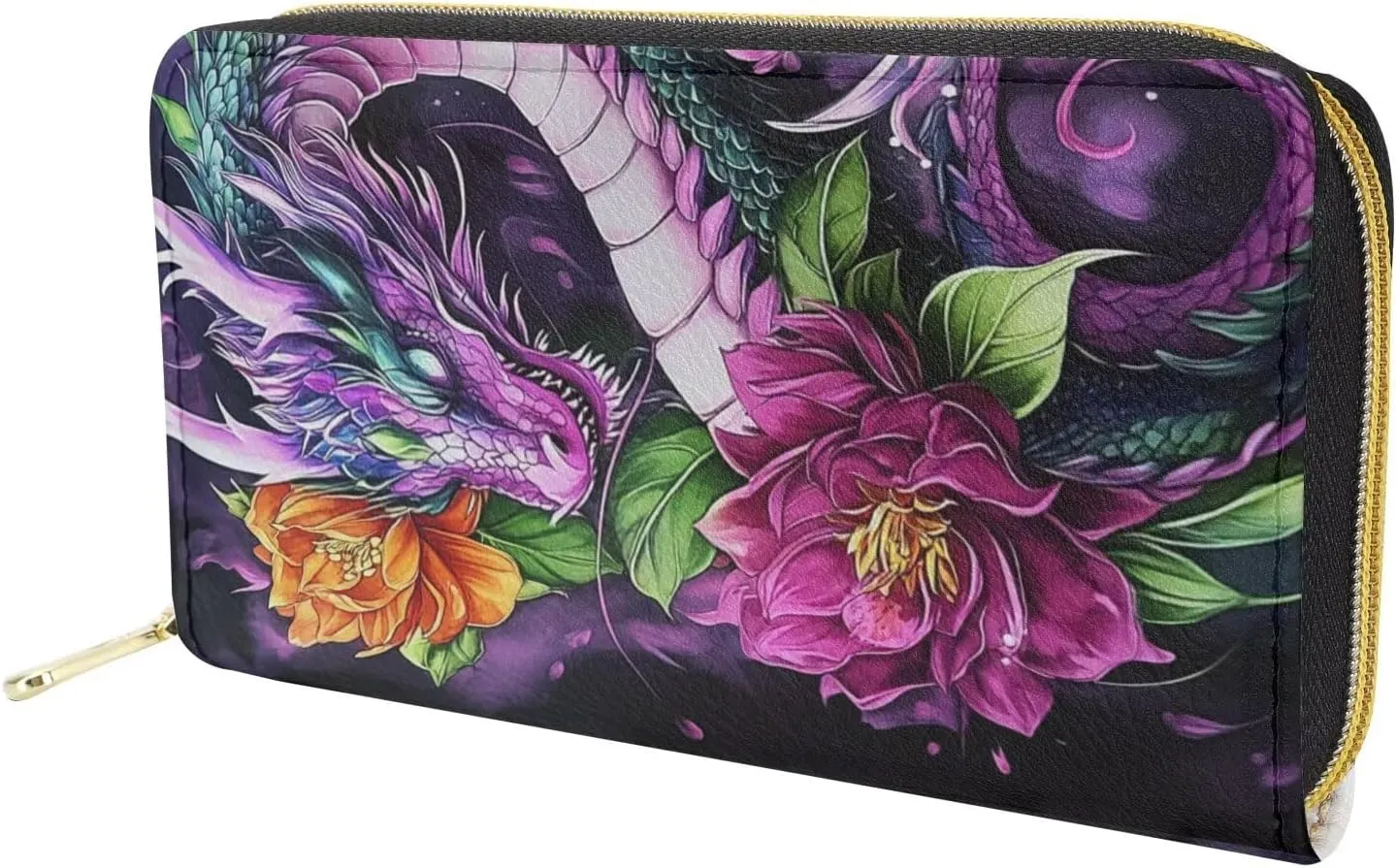 GIFTPUZZ Dragon Women’s Leather Long Wallet Zippered Pocket Purse for IDs, Cash & Coins - Stylish Travel & School Handbag for Active Women Colorful