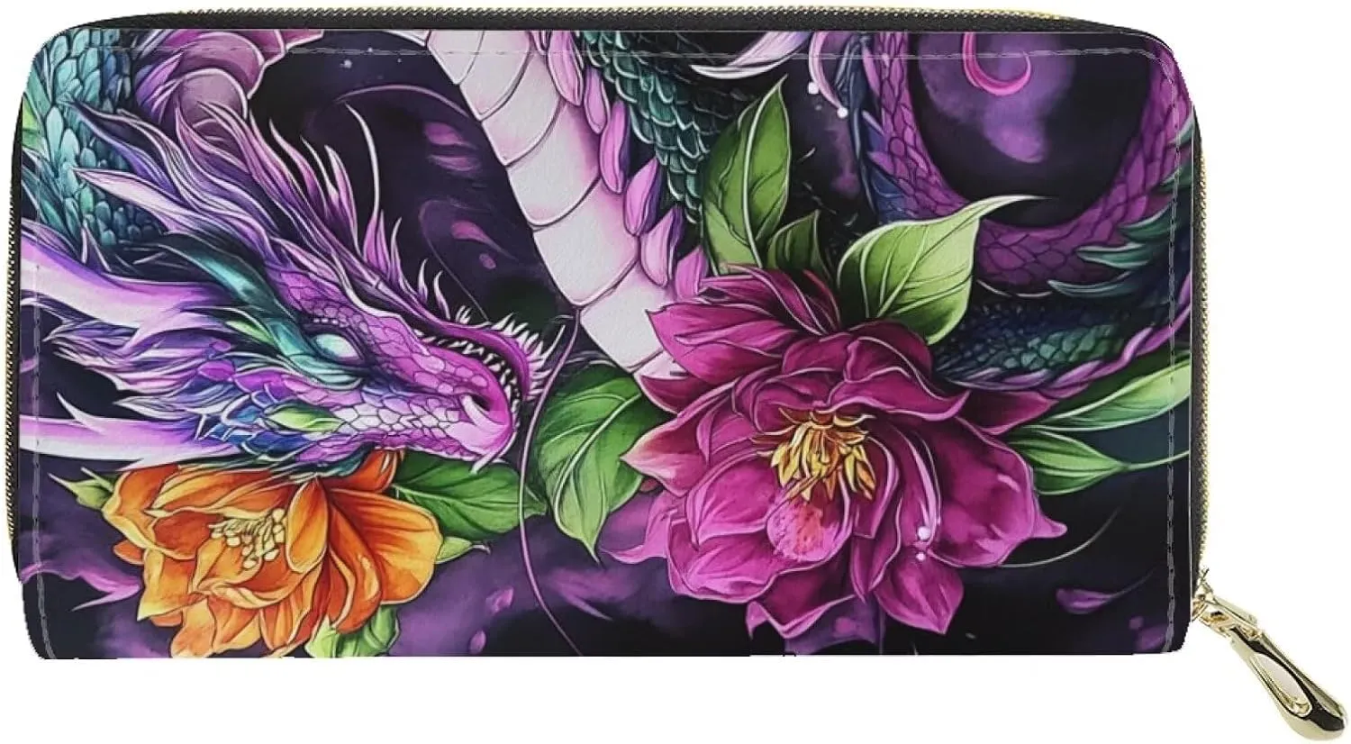 GIFTPUZZ Dragon Women’s Leather Long Wallet Zippered Pocket Purse for IDs, Cash & Coins - Stylish Travel & School Handbag for Active Women Colorful